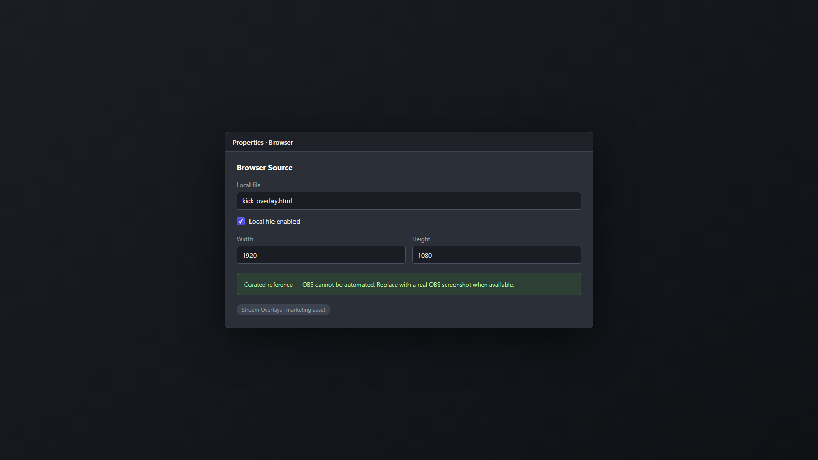 OBS Browser Source properties dialog with Local file enabled and an exported HTML overlay path selected